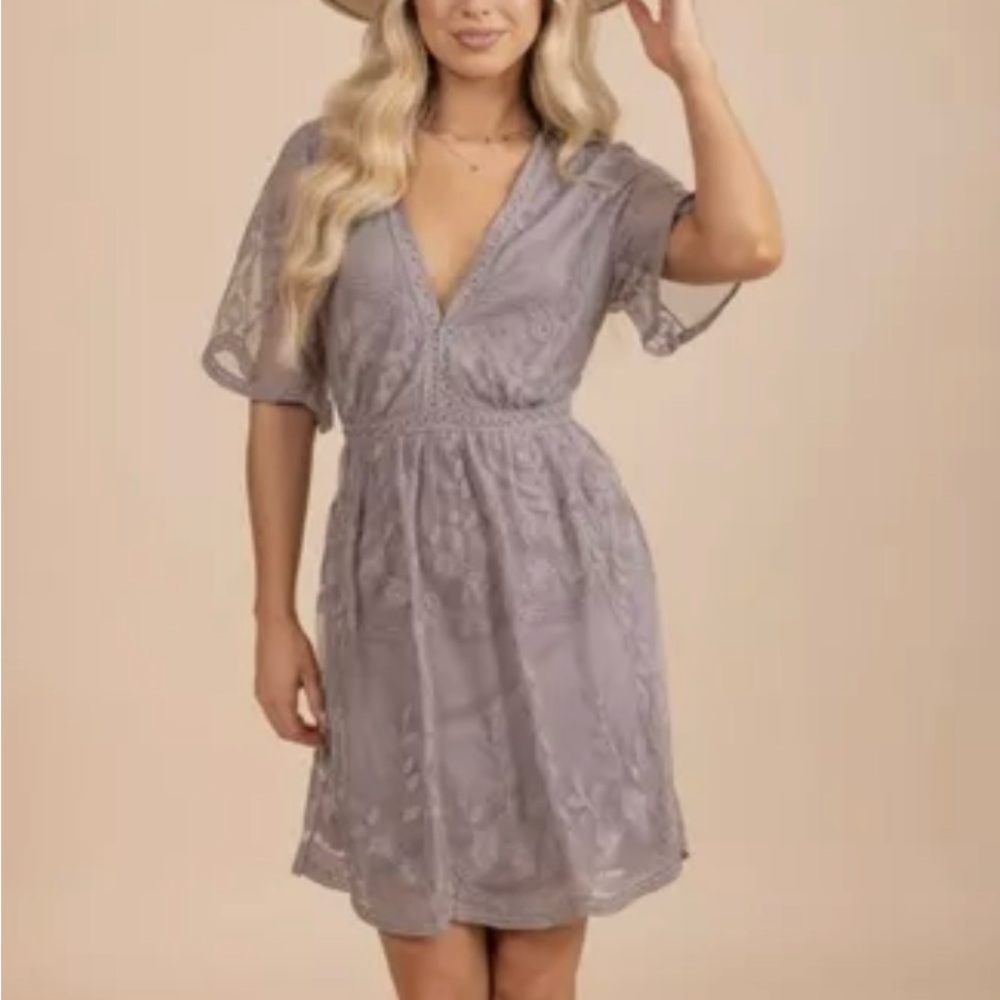 Bella Ella Gray Lace Mini Dress